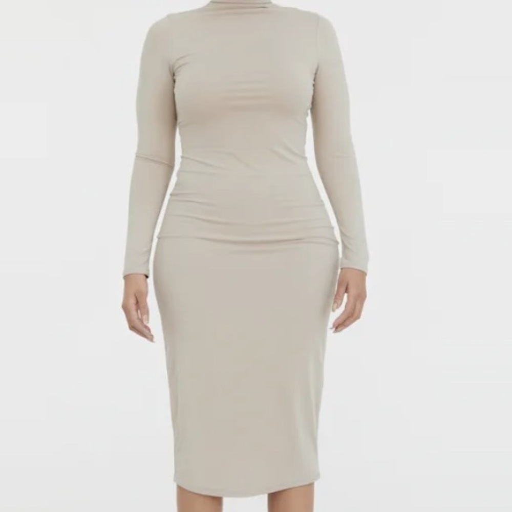 H&M Tan Mock Neck Long Sleeve Sheath Dress